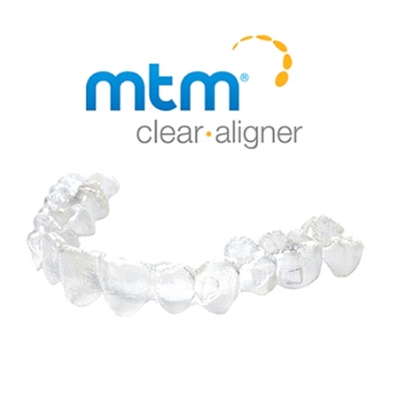 The MTM Clear Aligner logo, complete with an invisible tray beneath it 